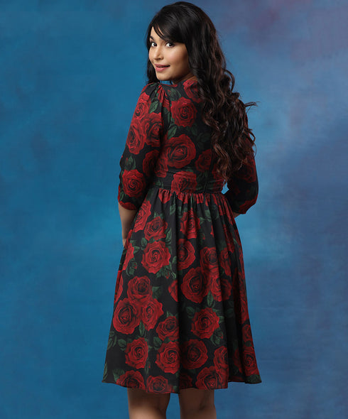 Half Sleeve Printed Gathered Red Dress